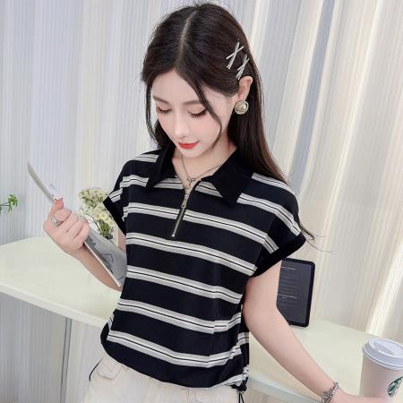 时尚气质显瘦条纹蝙蝠袖上衣夏新款休闲百搭翻领T恤女装 服裝批發女裝批發服飾貨源