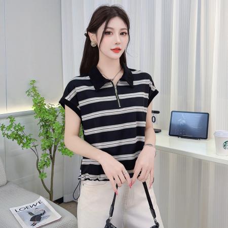 BY17761# 时尚气质显瘦条纹蝙蝠袖上衣夏新款休闲百搭翻领T恤女装 服裝批發女裝批發服飾貨源