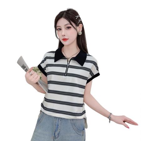 BY17761# 时尚气质显瘦条纹蝙蝠袖上衣夏新款休闲百搭翻领T恤女装 服裝批發女裝批發服飾貨源