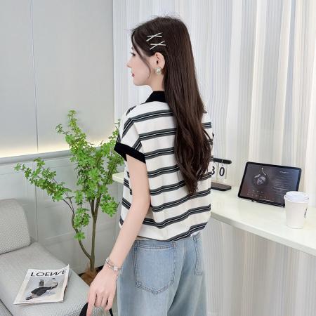BY17761# 时尚气质显瘦条纹蝙蝠袖上衣夏新款休闲百搭翻领T恤女装 服裝批發女裝批發服飾貨源