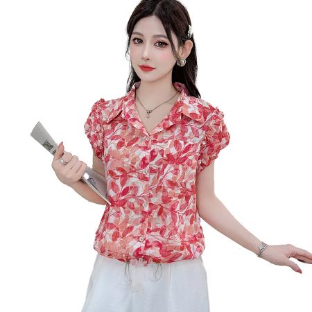 夏季新款翻领碎花设计短袖衬衫韩版精致气质遮肉百搭上衣 服裝批發女裝批發服飾貨源