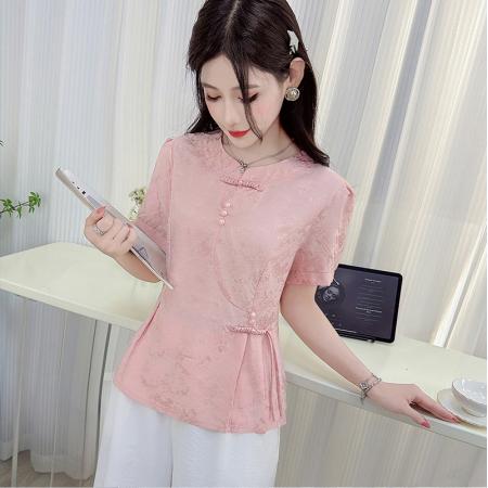国风衬衫女装短袖收腰小衫夏季新款缎面提花新中式上衣 服裝批發女裝批發服飾貨源