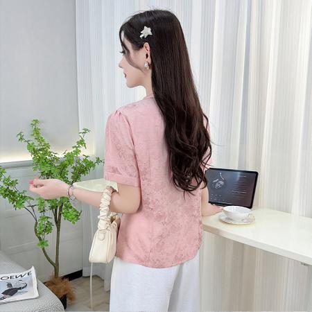 国风衬衫女装短袖收腰小衫夏季新款缎面提花新中式上衣 服裝批發女裝批發服飾貨源