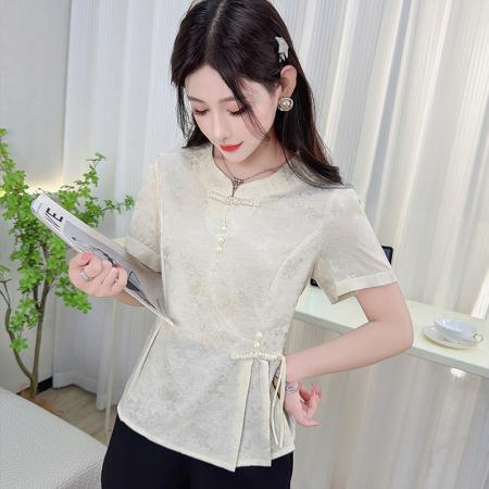 国风衬衫女装短袖收腰小衫夏季新款缎面提花新中式上衣 服裝批發女裝批發服飾貨源