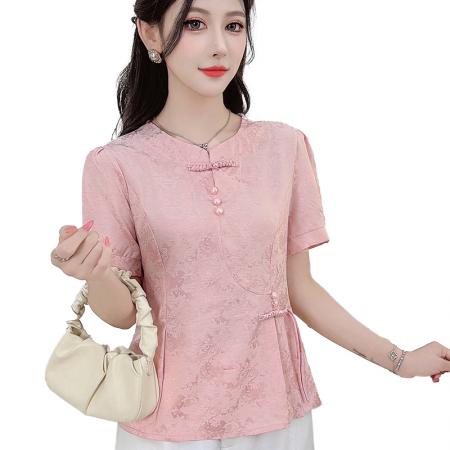 国风衬衫女装短袖收腰小衫夏季新款缎面提花新中式上衣 服裝批發女裝批發服飾貨源