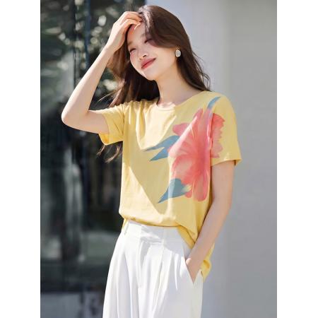 夏季漂亮上衣小众独特别致时髦洋气艺术生黄色印花短袖T恤女 服裝批發女裝批發服飾貨源