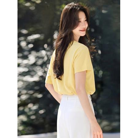夏季漂亮上衣小众独特别致时髦洋气艺术生黄色印花短袖T恤女 服裝批發女裝批發服飾貨源