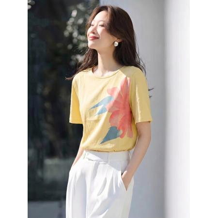 夏季漂亮上衣小众独特别致时髦洋气艺术生黄色印花短袖T恤女 服裝批發女裝批發服飾貨源