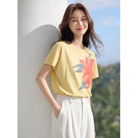 夏季漂亮上衣小众独特别致时髦洋气艺术生黄色印花短袖T恤女 服裝批發女裝批發服飾貨源