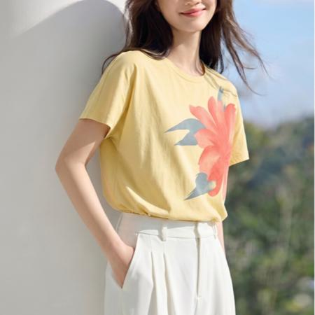 夏季漂亮上衣小众独特别致时髦洋气艺术生黄色印花短袖T恤女 服裝批發女裝批發服飾貨源