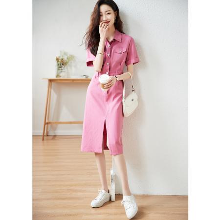 夏新款法式设计感小众Polo领粉色休闲衬衫连衣裙女 服裝批發女裝批發服飾貨源