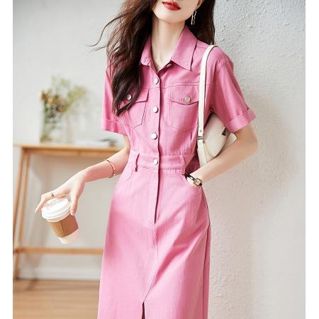 夏新款法式设计感小众Polo领粉色休闲衬衫连衣裙女 服裝批發女裝批發服飾貨源