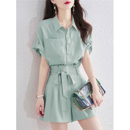 新款气质短袖衬衫女宽松设计感高腰阔腿短裤时尚套装 服裝批發女裝批發服飾貨源