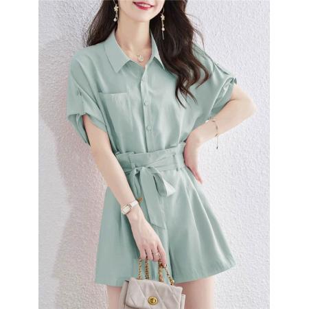 新款气质短袖衬衫女宽松设计感高腰阔腿短裤时尚套装 服裝批發女裝批發服飾貨源