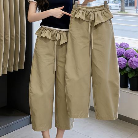 卡其色荷叶腰头八分弯刀阔腿裤女春夏流行新款高腰显瘦休闲裤 服裝批發女裝批發服飾貨源