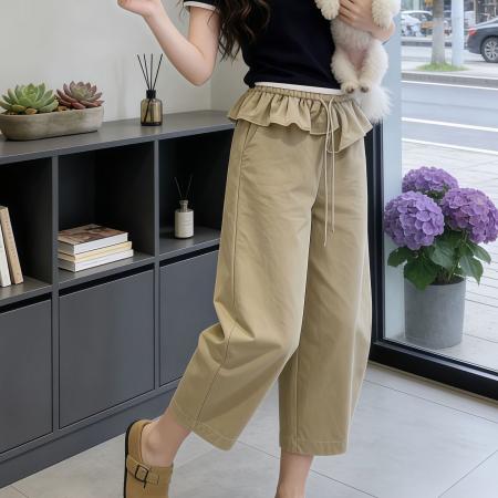 BY17767# 卡其色荷叶腰头八分弯刀阔腿裤女春夏流行新款高腰显瘦休闲裤 服裝批發女裝批發服飾貨源