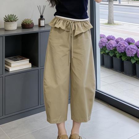 BY17767# 卡其色荷叶腰头八分弯刀阔腿裤女春夏流行新款高腰显瘦休闲裤 服裝批發女裝批發服飾貨源