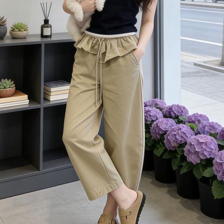 BY17767# 卡其色荷叶腰头八分弯刀阔腿裤女春夏流行新款高腰显瘦休闲裤 服裝批發女裝批發服飾貨源
