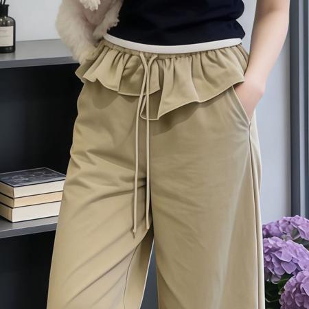 BY17767# 卡其色荷叶腰头八分弯刀阔腿裤女春夏流行新款高腰显瘦休闲裤 服裝批發女裝批發服飾貨源