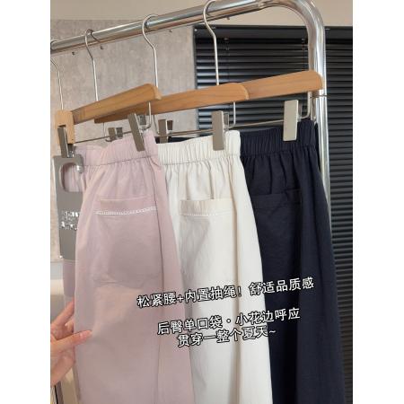 抗皱小花边9分裤珠地纹松弛休闲裤夏季透气藏肉奶奶裤 服裝批發女裝批發服飾貨源