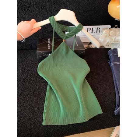 夏季修身显瘦短款无袖绝美上衣性感辣妹巨好看挂脖针织吊带背心 服裝批發女裝批發服飾貨源