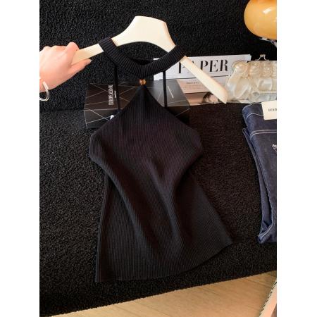 BY17769# 夏季修身显瘦短款无袖绝美上衣性感辣妹巨好看挂脖针织吊带背心 服裝批發女裝批發服飾貨源