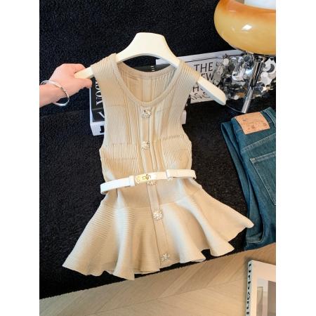 小香风针织衫夏季新款气质针织收腰收腰荷叶边无袖修身上衣 服裝批發女裝批發服飾貨源