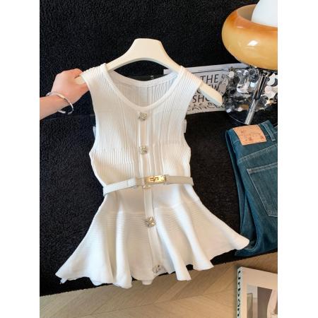 小香风针织衫夏季新款气质针织收腰收腰荷叶边无袖修身上衣 服裝批發女裝批發服飾貨源