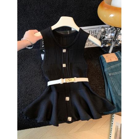 小香风针织衫夏季新款气质针织收腰收腰荷叶边无袖修身上衣 服裝批發女裝批發服飾貨源