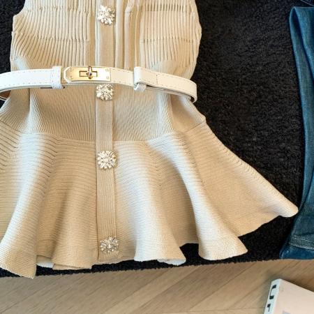 小香风针织衫夏季新款气质针织收腰收腰荷叶边无袖修身上衣 服裝批發女裝批發服飾貨源