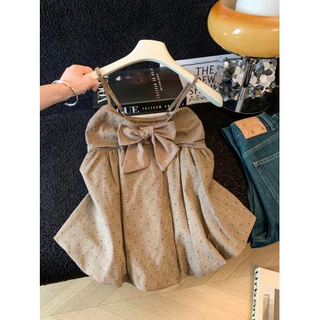 BY17771# 夏装新款法式小众设计感高腰花苞格子蝴蝶结吊带背心上衣 服裝批發女裝批發服飾貨源