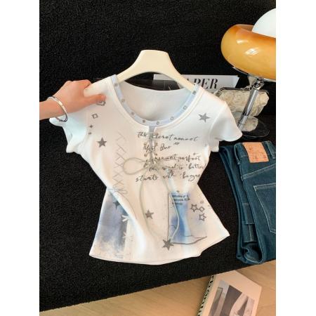 BY17772# 夏季甜美少女风V领绑带短袖T恤女星星印花显瘦上衣 服裝批發女裝批發服飾貨源