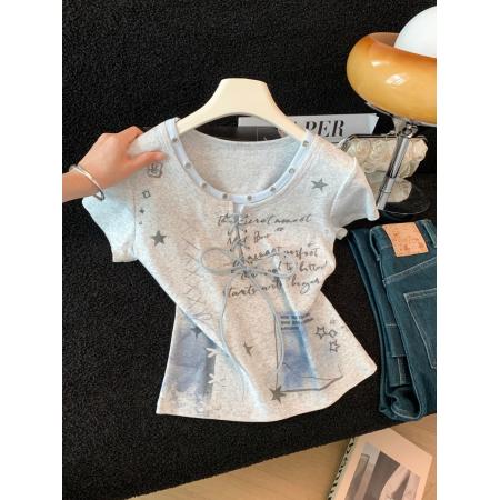 BY17772# 夏季甜美少女风V领绑带短袖T恤女星星印花显瘦上衣 服裝批發女裝批發服飾貨源