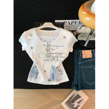 BY17772# 夏季甜美少女风V领绑带短袖T恤女星星印花显瘦上衣 服裝批發女裝批發服飾貨源