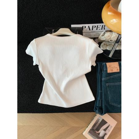 BY17772# 夏季甜美少女风V领绑带短袖T恤女星星印花显瘦上衣 服裝批發女裝批發服飾貨源