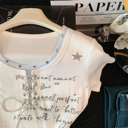 BY17772# 夏季甜美少女风V领绑带短袖T恤女星星印花显瘦上衣 服裝批發女裝批發服飾貨源