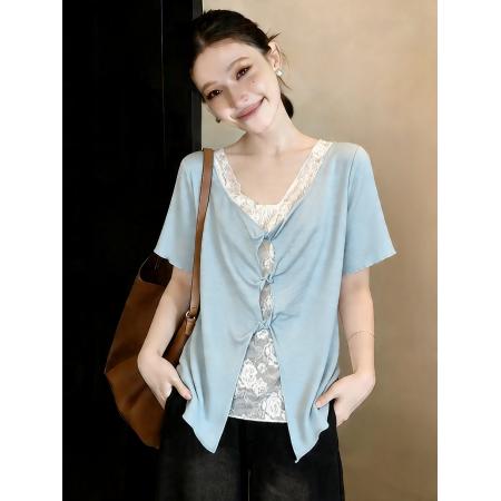 大码女装假两件镂空蕾丝黑色短袖T恤女夏设计感小衫上衣 服裝批發女裝批發服飾貨源