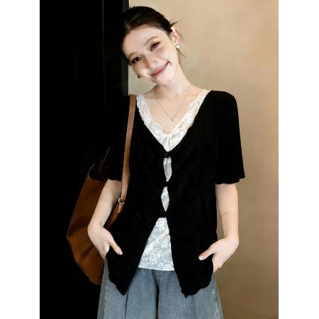 大码女装假两件镂空蕾丝黑色短袖T恤女夏设计感小衫上衣 服裝批發女裝批發服飾貨源