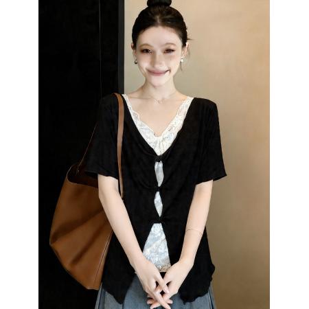 大码女装假两件镂空蕾丝黑色短袖T恤女夏设计感小衫上衣 服裝批發女裝批發服飾貨源