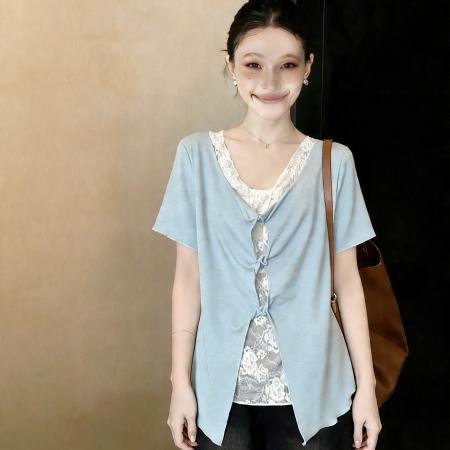 大码女装假两件镂空蕾丝黑色短袖T恤女夏设计感小衫上衣 服裝批發女裝批發服飾貨源