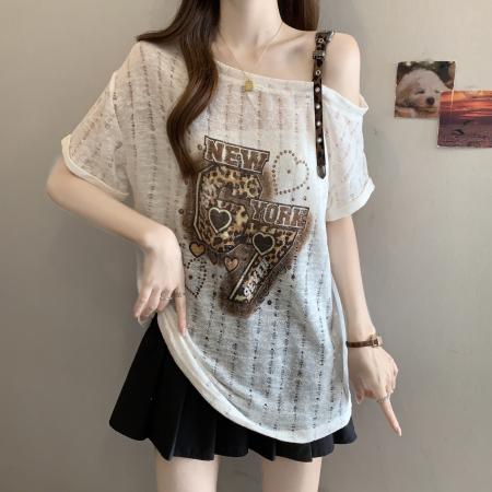 时尚印花上衣女夏日薄款别致收腰显瘦高级感短袖t恤 服裝批發女裝批發服飾貨源