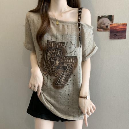 时尚印花上衣女夏日薄款别致收腰显瘦高级感短袖t恤 服裝批發女裝批發服飾貨源