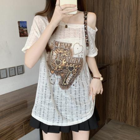 时尚印花上衣女夏日薄款别致收腰显瘦高级感短袖t恤 服裝批發女裝批發服飾貨源