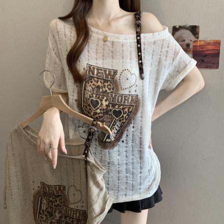 时尚印花上衣女夏日薄款别致收腰显瘦高级感短袖t恤 服裝批發女裝批發服飾貨源