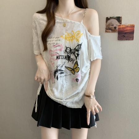 大码女装迷雾蝶影辣妹磨破轻亚蝴蝶刺绣破坏感抽褶上衣 服裝批發女裝批發服飾貨源