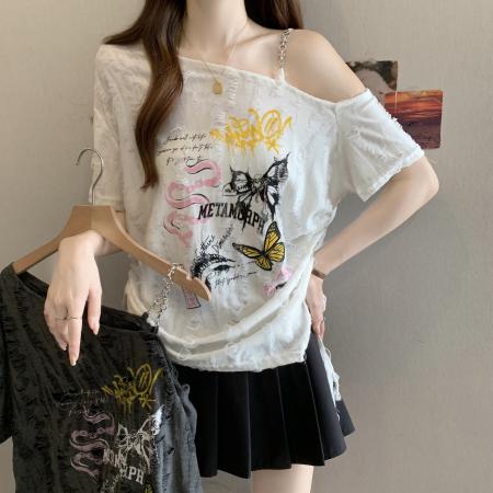 大码女装迷雾蝶影辣妹磨破轻亚蝴蝶刺绣破坏感抽褶上衣 服裝批發女裝批發服飾貨源