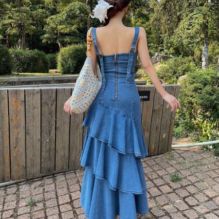 BY17777# 法式独特简约女神范夏季新款蓝色不规则牛仔鱼尾蛋糕吊带裙女 服裝批發女裝批發服飾貨源