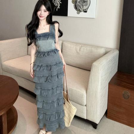 BY17779# 法式浪漫风气质绝美春季新款蓝色荷叶边牛仔吊带蛋糕背心裙女 服裝批發女裝批發服飾貨源
