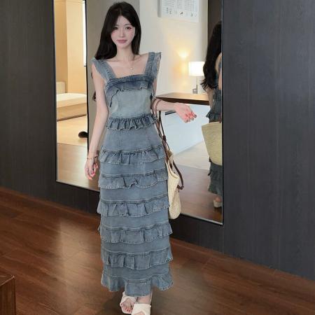 BY17779# 法式浪漫风气质绝美春季新款蓝色荷叶边牛仔吊带蛋糕背心裙女 服裝批發女裝批發服飾貨源