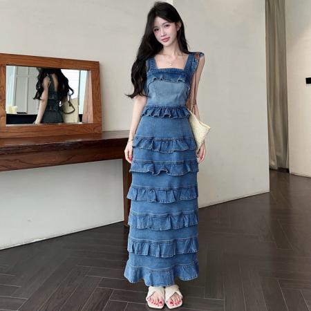 BY17779# 法式浪漫风气质绝美春季新款蓝色荷叶边牛仔吊带蛋糕背心裙女 服裝批發女裝批發服飾貨源